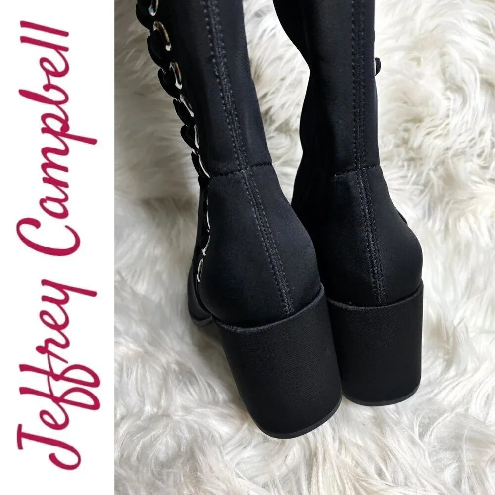 NWOB JEFFREY CAMPBELL Black Elektra Corset Faux Leather Over The Knee Boots,‎ 6